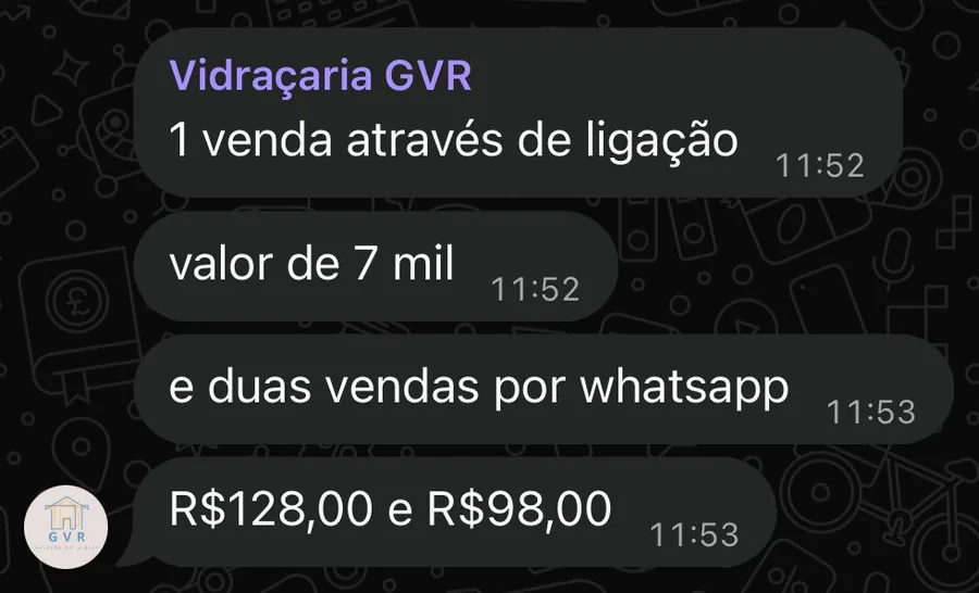 Mensagem da GVR relatando venda por ligação e duas pelo WhatsApp