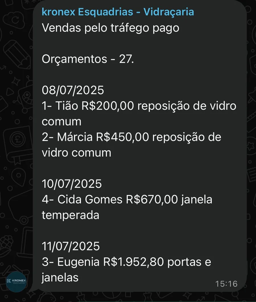 Vendas da Kronex vindas do tráfego pago, com data e serviço